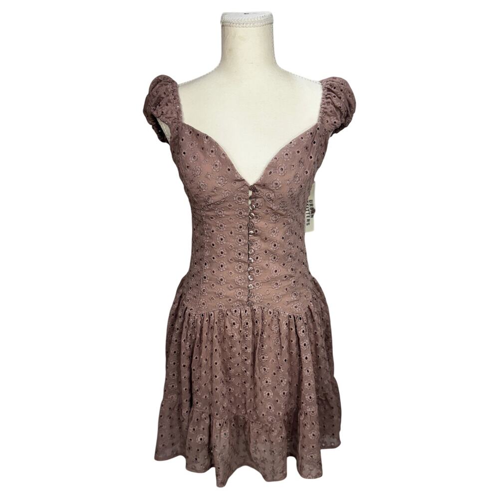UO Kimchi Blue Eyelet Mini Dress Medium NWT Pink Cottagecore Balletcore Coquette - Picture 3 of 16